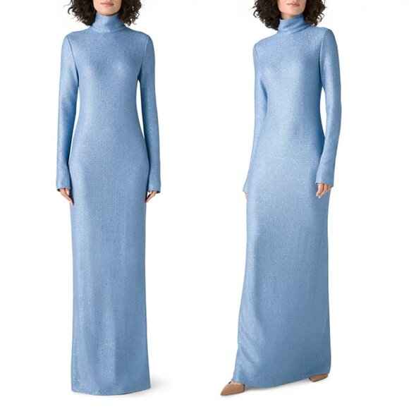 St. John Bodycon Long Gown Blue Sequins Turtle Neck Long Sleeves Back Slit - Picture 1 of 15